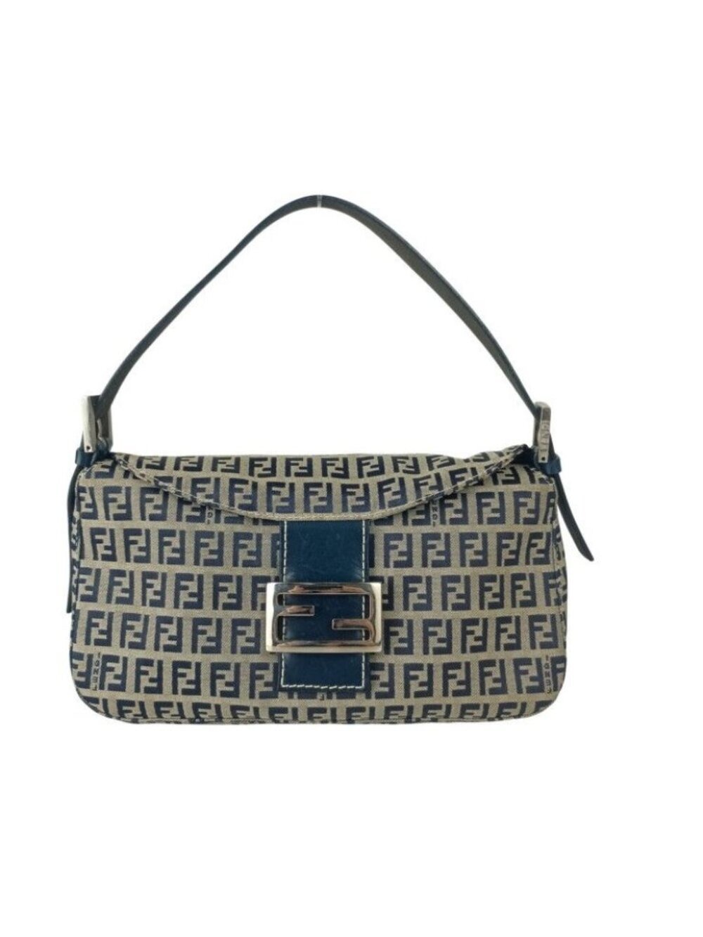 Fendi Zucca Mamma Bucket Gray Navy Canvas Leather Shoulder Bag Silver
